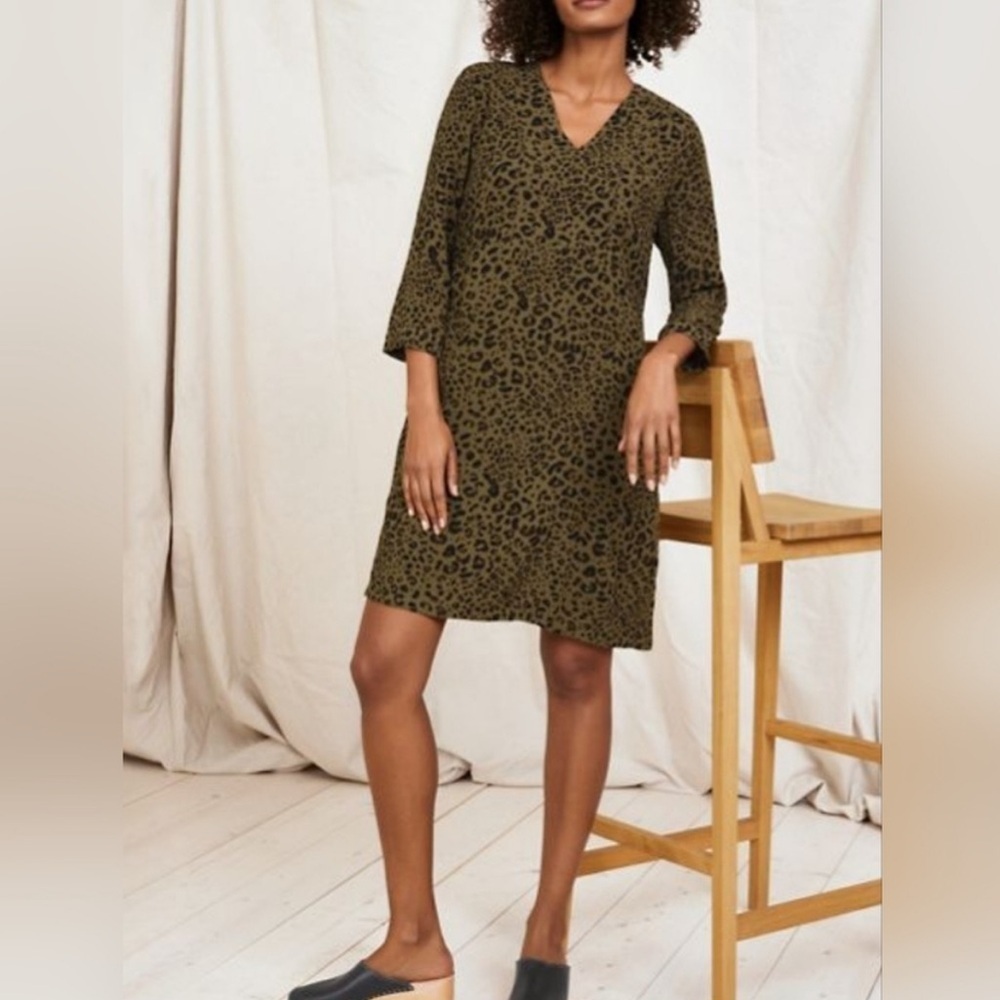 Garnet Hill Tunic Dress 3/4 Sleeve V-neck Pullover Leopard Print